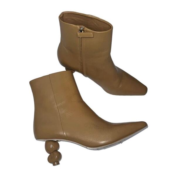 Cult Gaia Daylee Sculptural-Heel Pointed Toe Leather Ankle Bootie Camel 37.5 - Picture 2 of 7